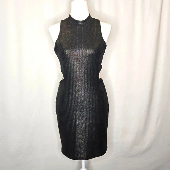 Topshop High Neck Cut Out Knitted Ribbed Dress  Black Oil Spill Size 8 - Picture 1 of 8